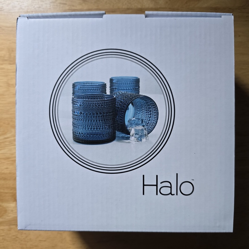 Halo Blue Hobnail 13.5 oz Rocks Glasses Set of 4 Cocktail Whiskey NIB